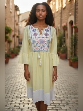 Flamingo Urban Pale Yellow Textured embroidered top dress